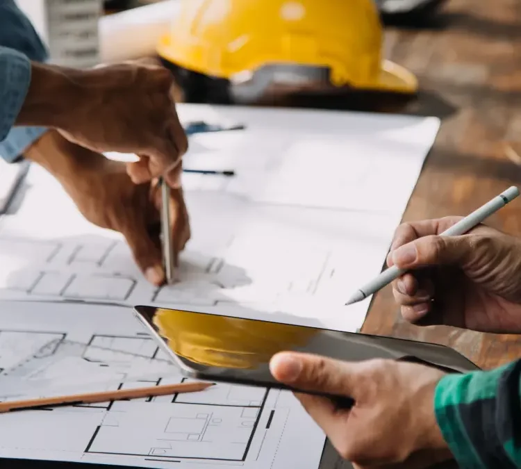 Exterior construction workers concept of drawing on blueprint